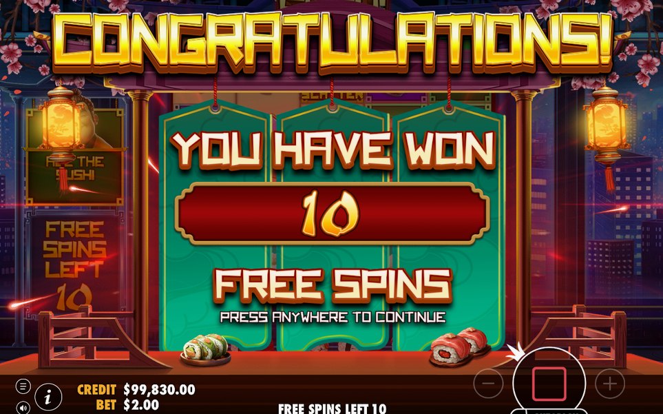 Free Spins med nattlig stadssilhuett och ALL THE SUSHI-mätare